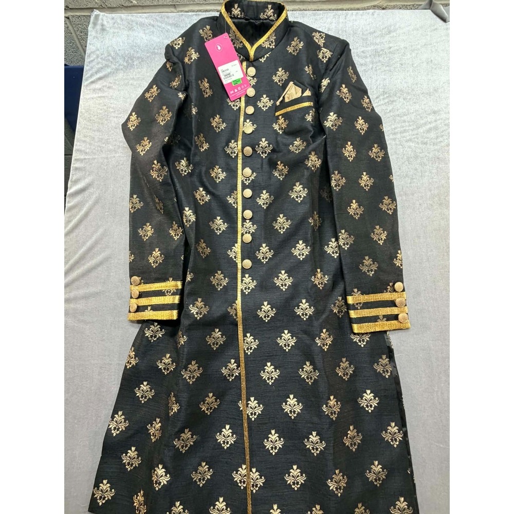 New Cbazaar SHMARC5069 Black Velvet Embroidered Sherwani Long Coat Black Gold 34